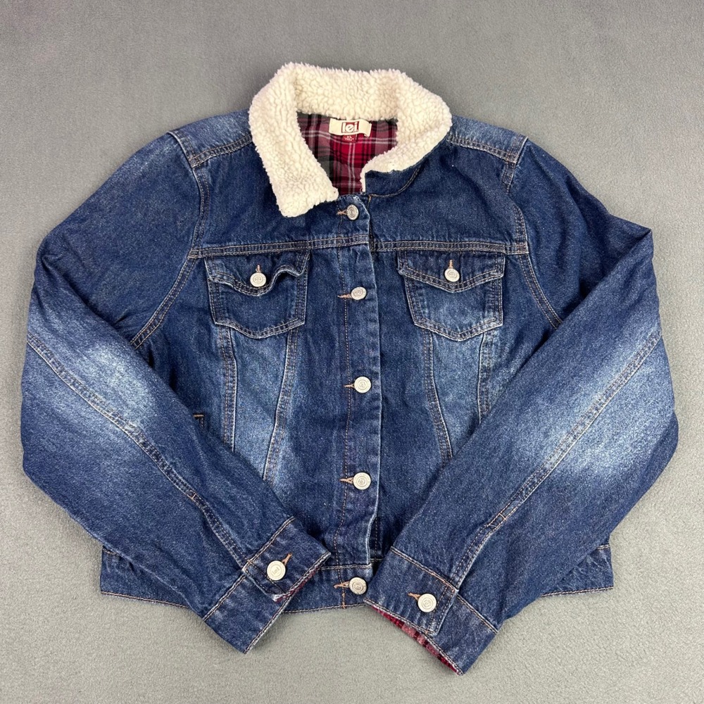 LEI Colleen Denim Trucker Jacket XL Blue Faux Shearling Plaid Lined LJ46400L-DKW